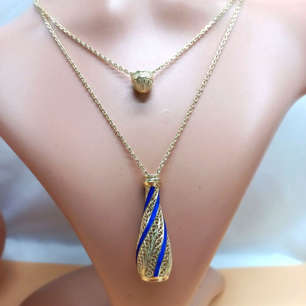Blue Enamel Wrapped 18K Yellow Gold Over Sterling Silver Necklace Bottle